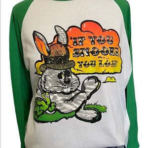 70s Vintage Deadstock Tortoise & Hare Graphic Raglan Tee - Size Large